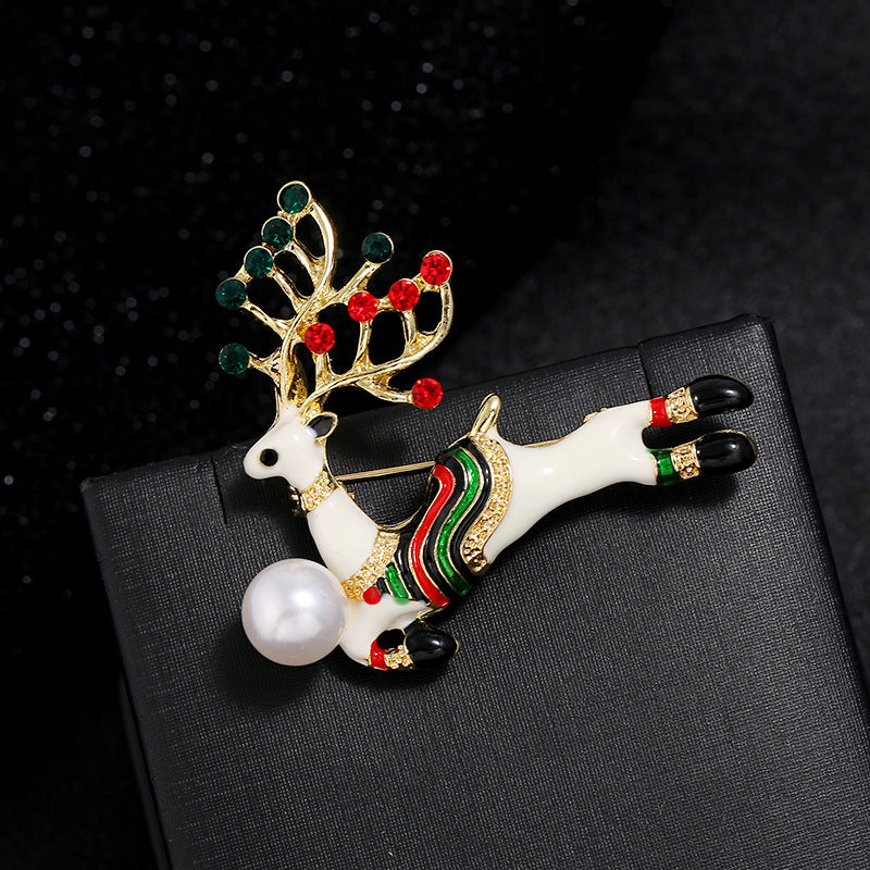 Christmas Elk Rhinestone Pearl Brooch PA3719