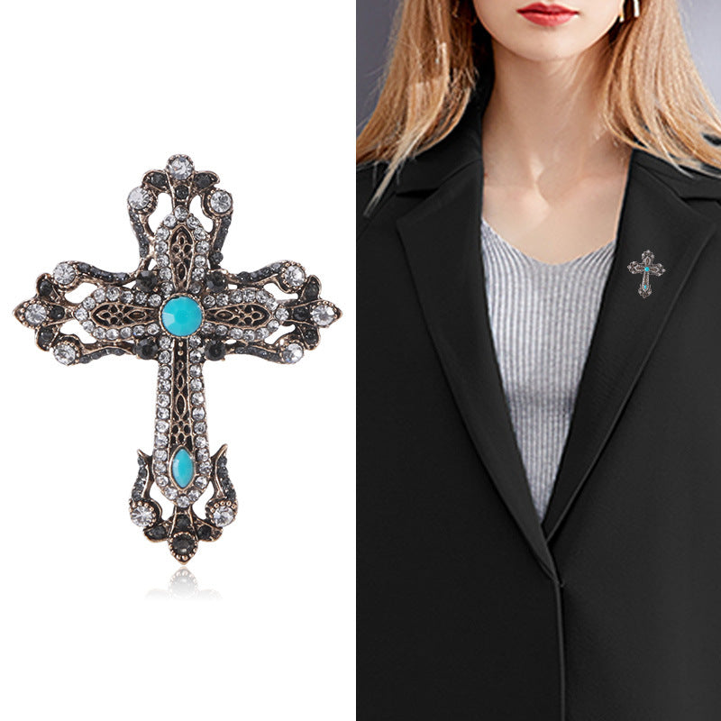 Cross Rhinestone Pearl Brooch PA3845