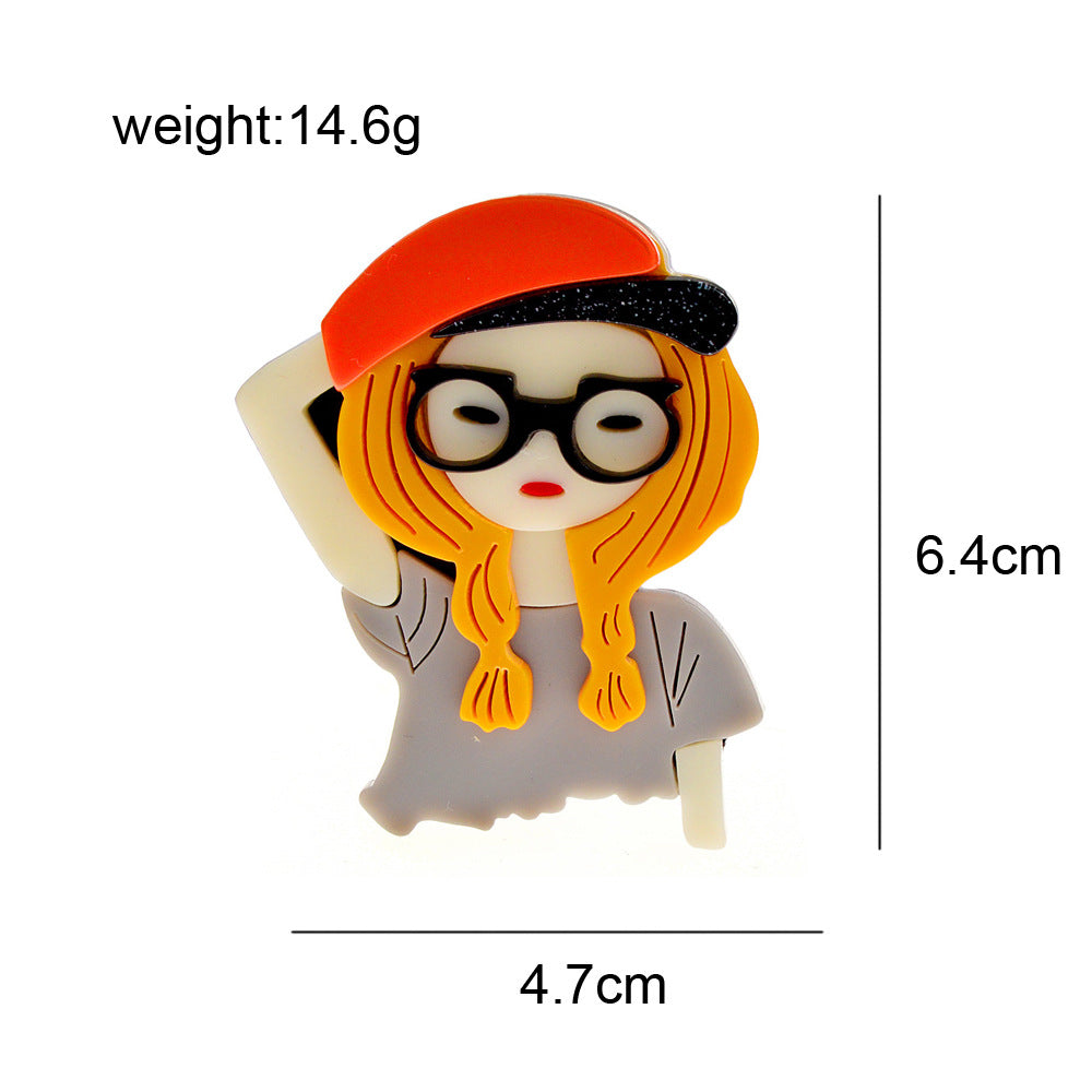 Cap And Glass Girl Acrylic Brooch PA4096
