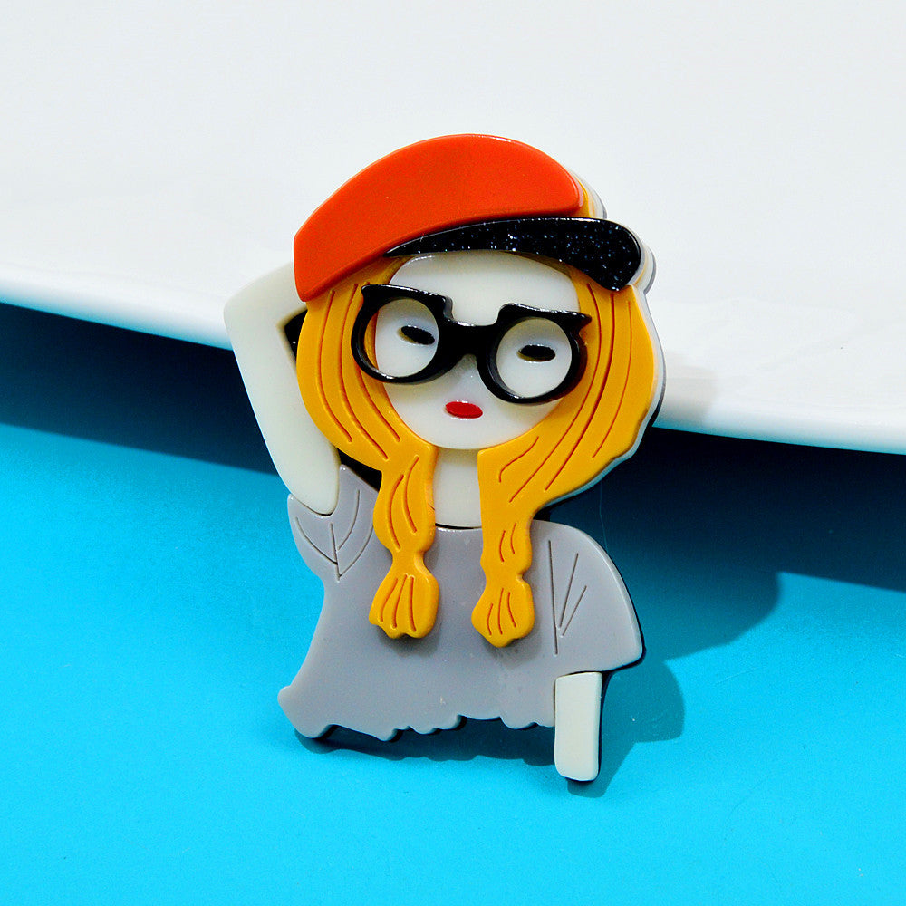 Cap And Glass Girl Acrylic Brooch PA4096