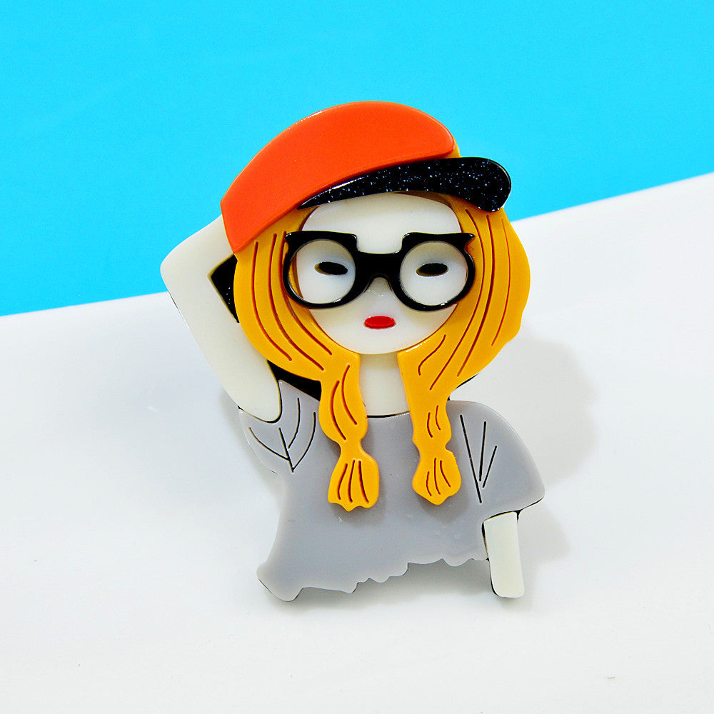 Cap And Glass Girl Acrylic Brooch PA4096