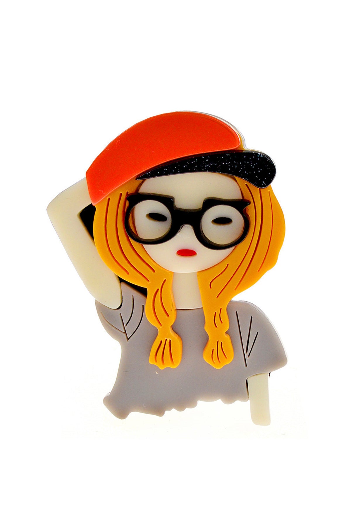 Cap And Glass Girl Acrylic Brooch PA4096