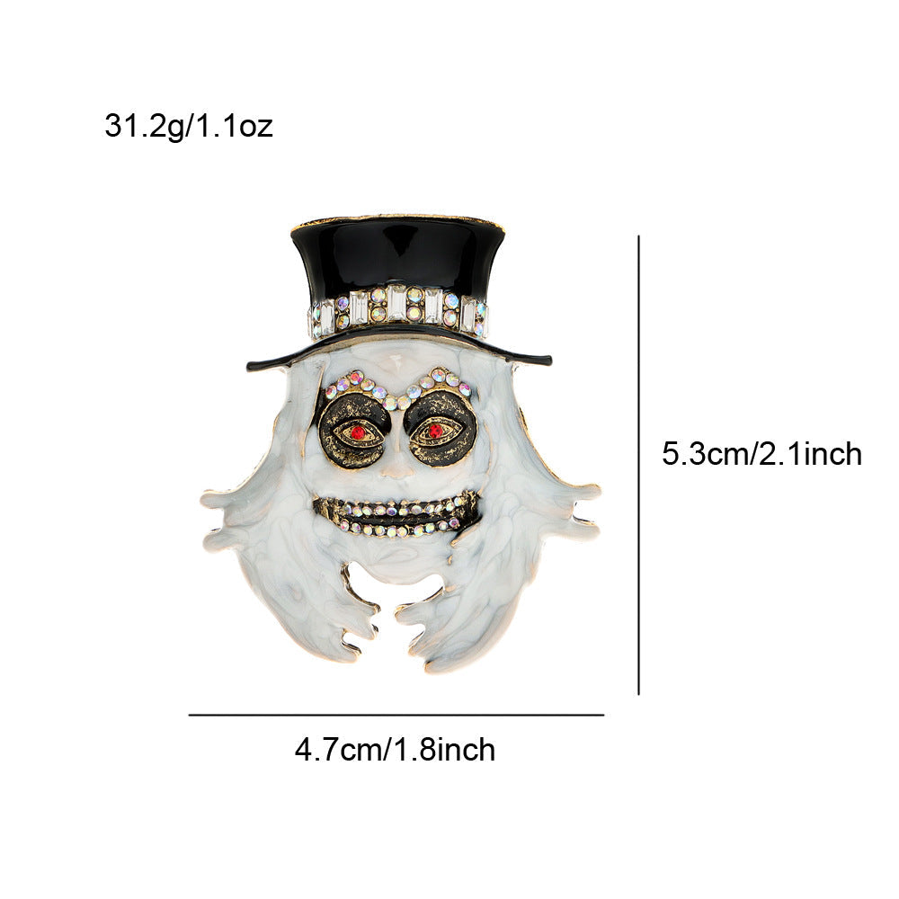 White Ghost Wearing Hat Rhinestone Brooch PA4950