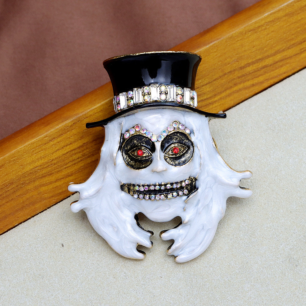 White Ghost Wearing Hat Rhinestone Brooch PA4950