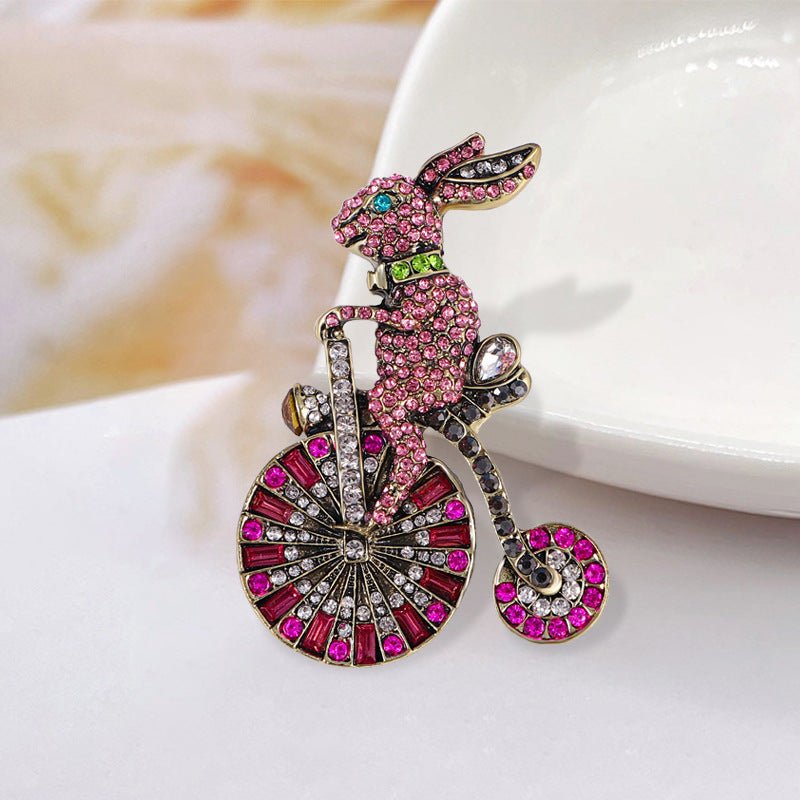 Bunny Riding Bike Rhinestone Brooch PA5135