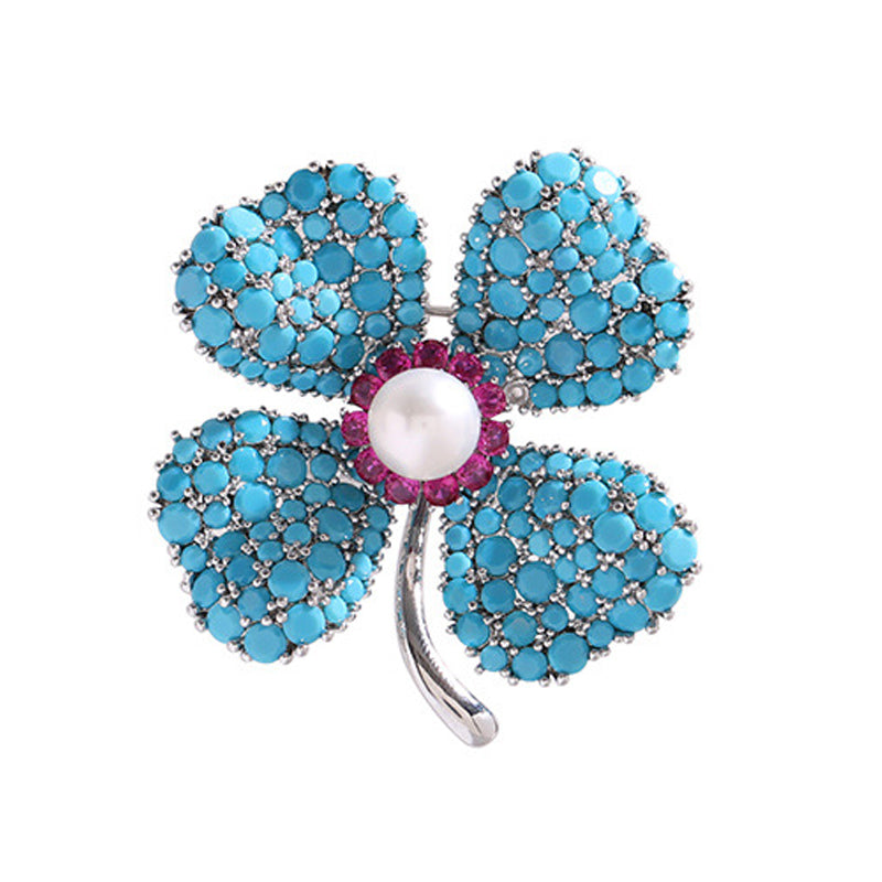 Blue Turquoise Clover Brooch PA5178