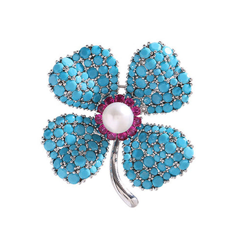 Blue Turquoise Clover Brooch PA5178