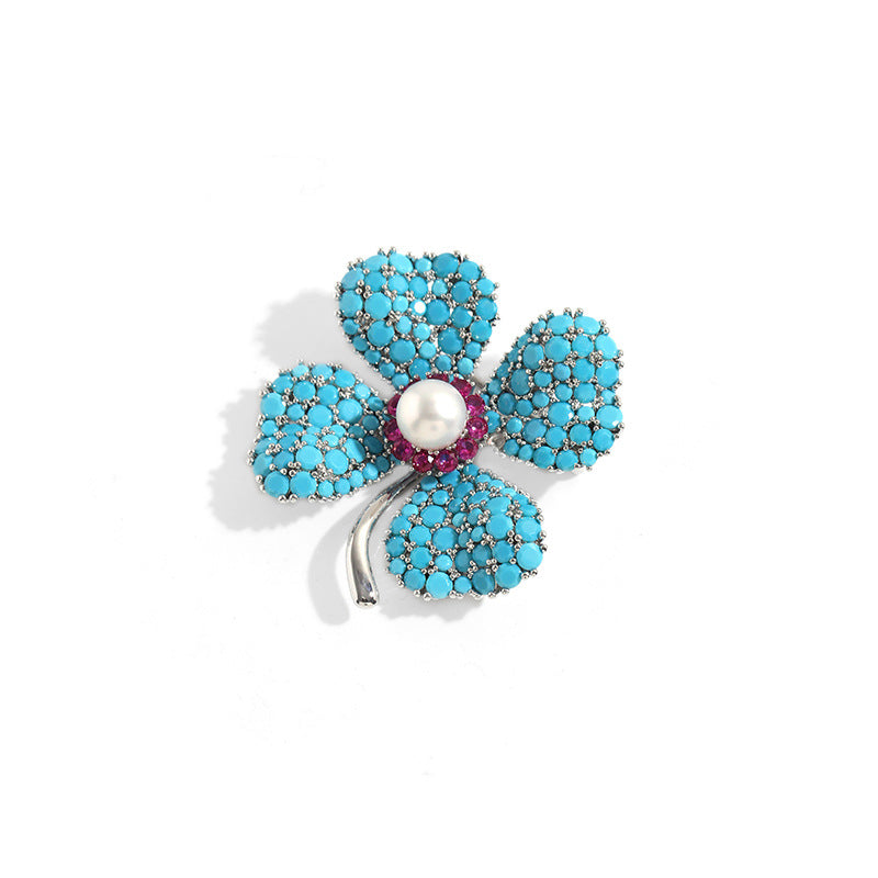 Blue Turquoise Clover Brooch PA5178