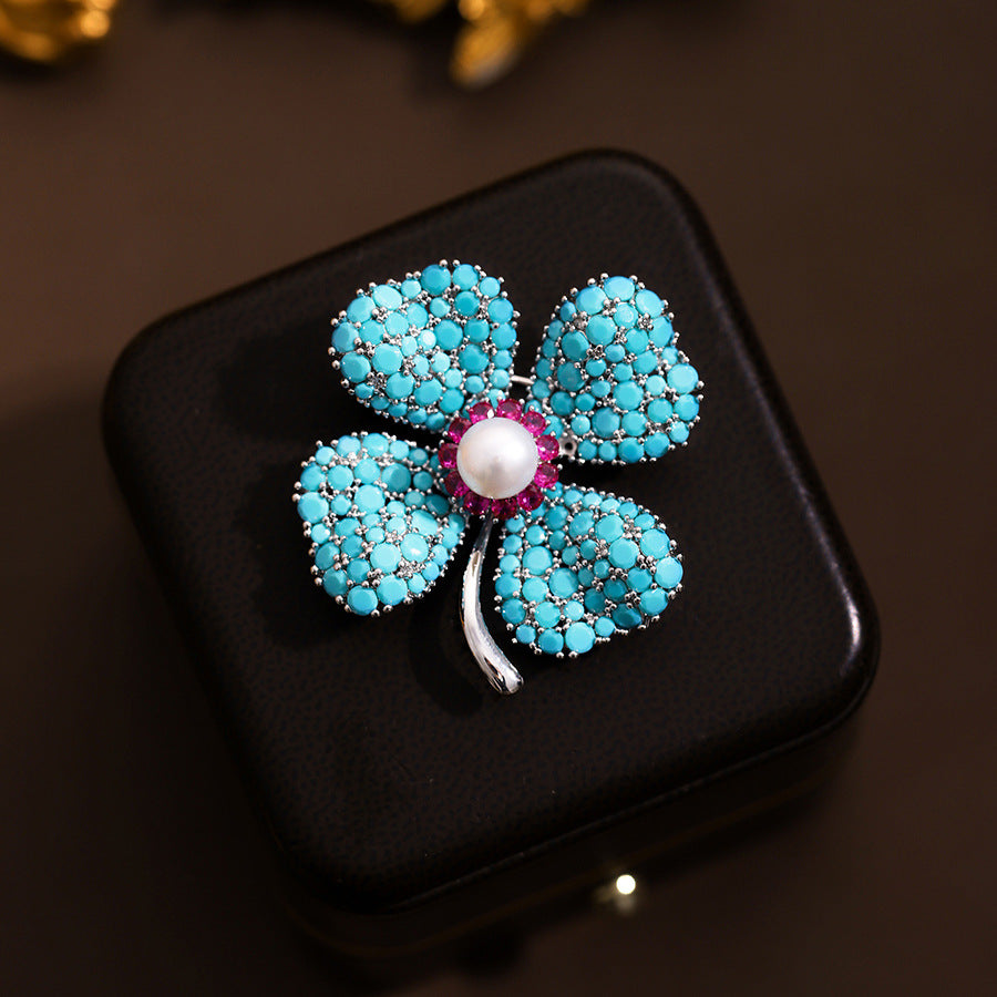 Blue Turquoise Clover Brooch PA5178