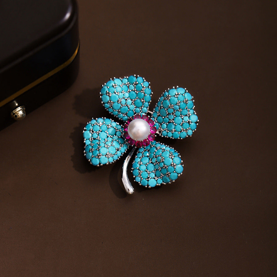 Blue Turquoise Clover Brooch PA5178