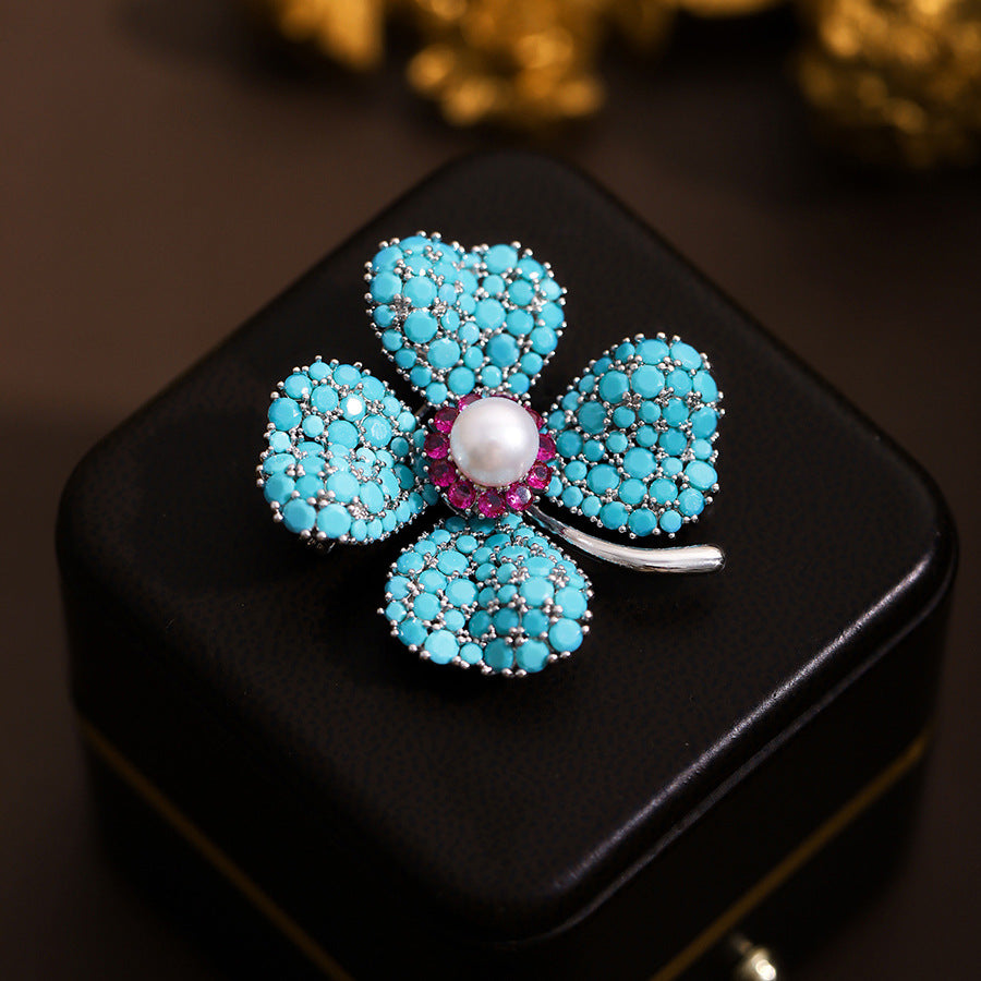 Blue Turquoise Clover Brooch PA5178