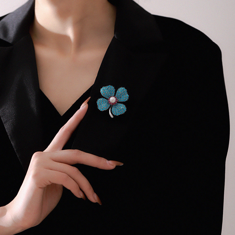 Blue Turquoise Clover Brooch PA5178