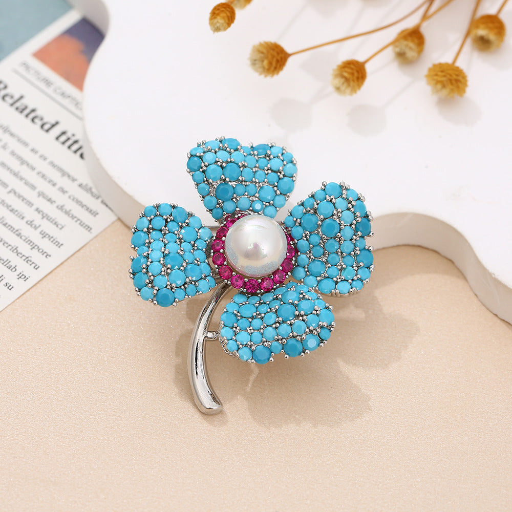 Blue Turquoise Clover Brooch PA5178