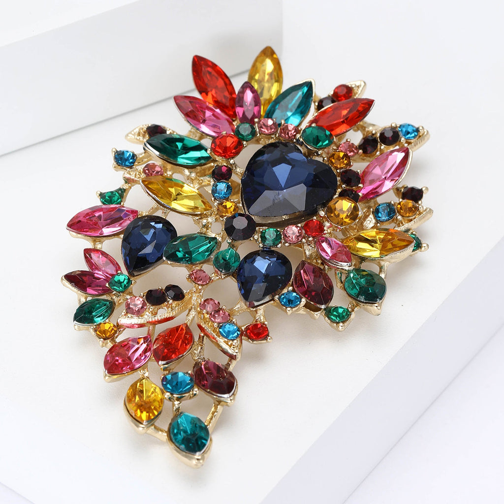 Large Rhinestone Leaf Heart Brooch PA5293