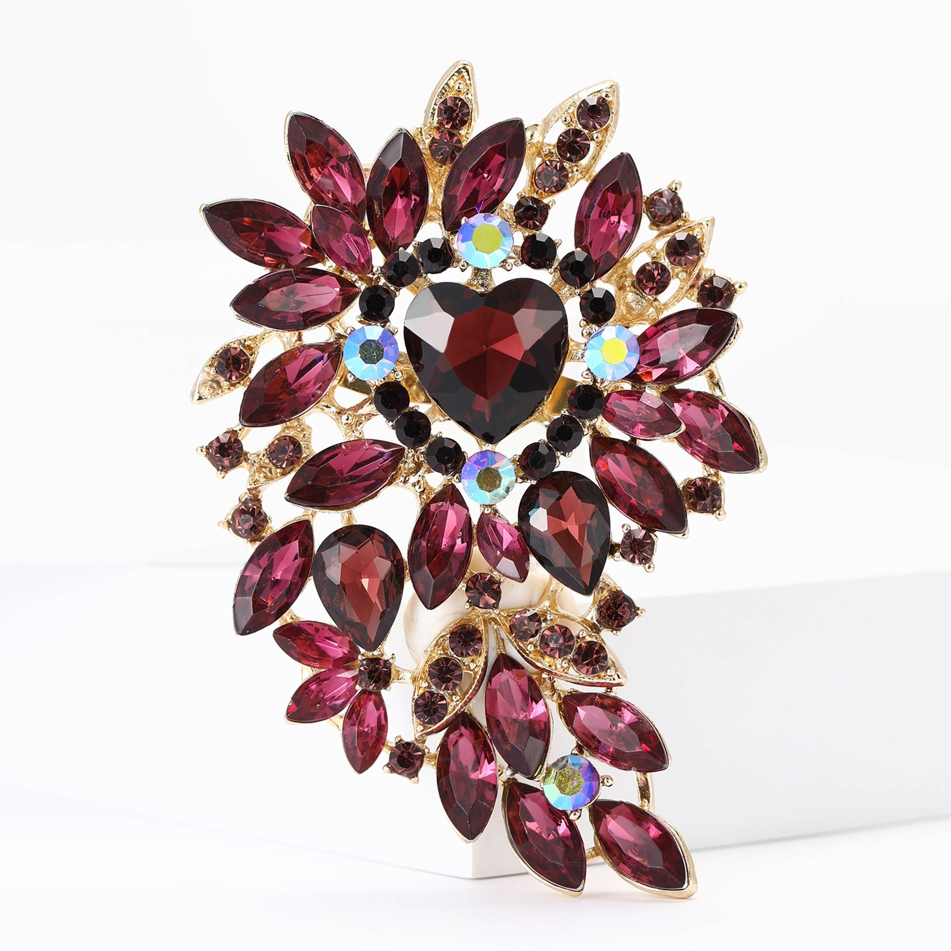 Large Rhinestone Leaf Heart Brooch PA5293