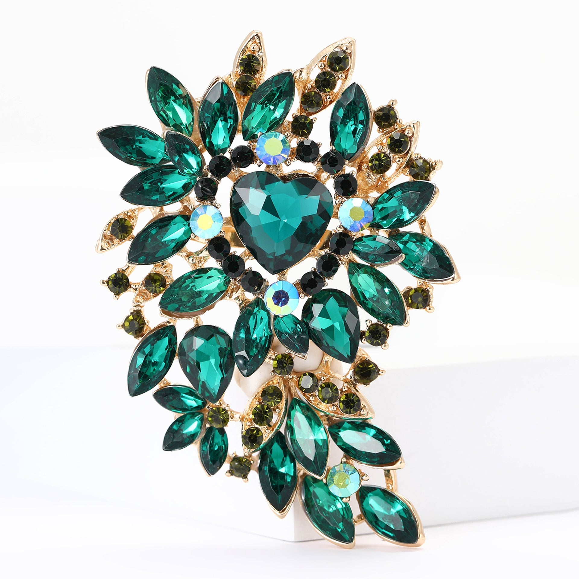 Large Rhinestone Leaf Heart Brooch PA5293