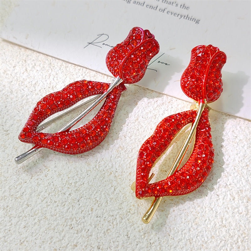 Red Lipped And Rose Rhinestone Alloy Brooch PA5504