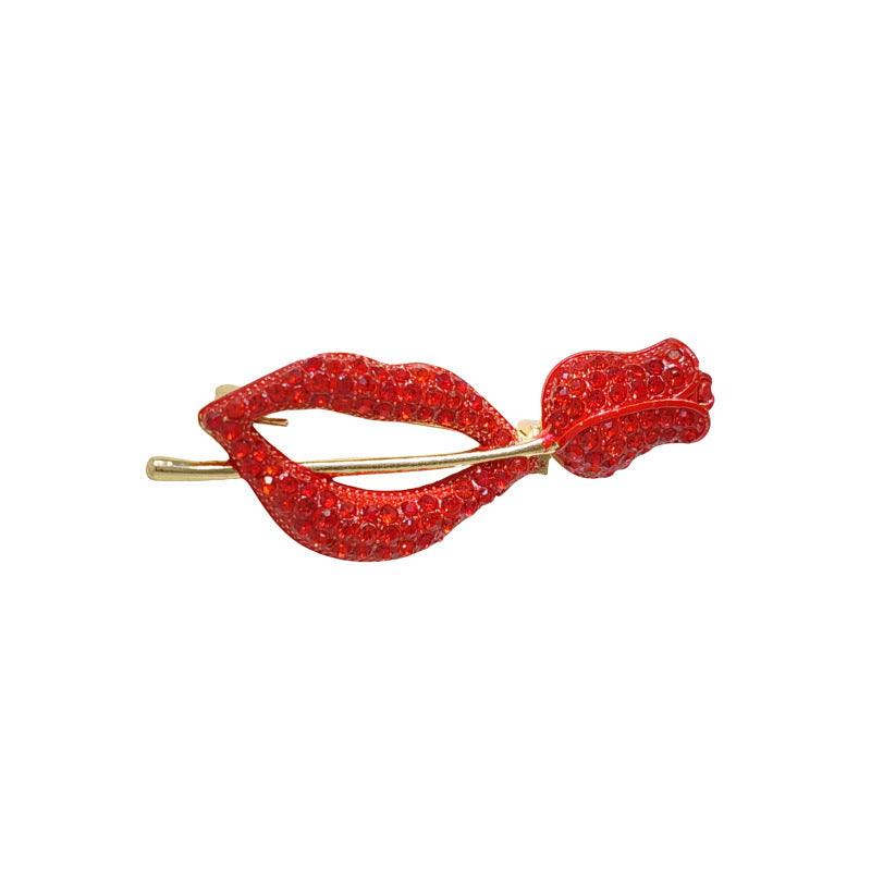 Red Lipped And Rose Rhinestone Alloy Brooch PA5504
