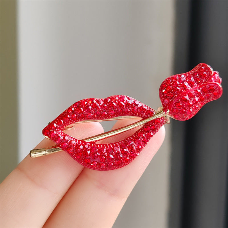 Red Lipped And Rose Rhinestone Alloy Brooch PA5504