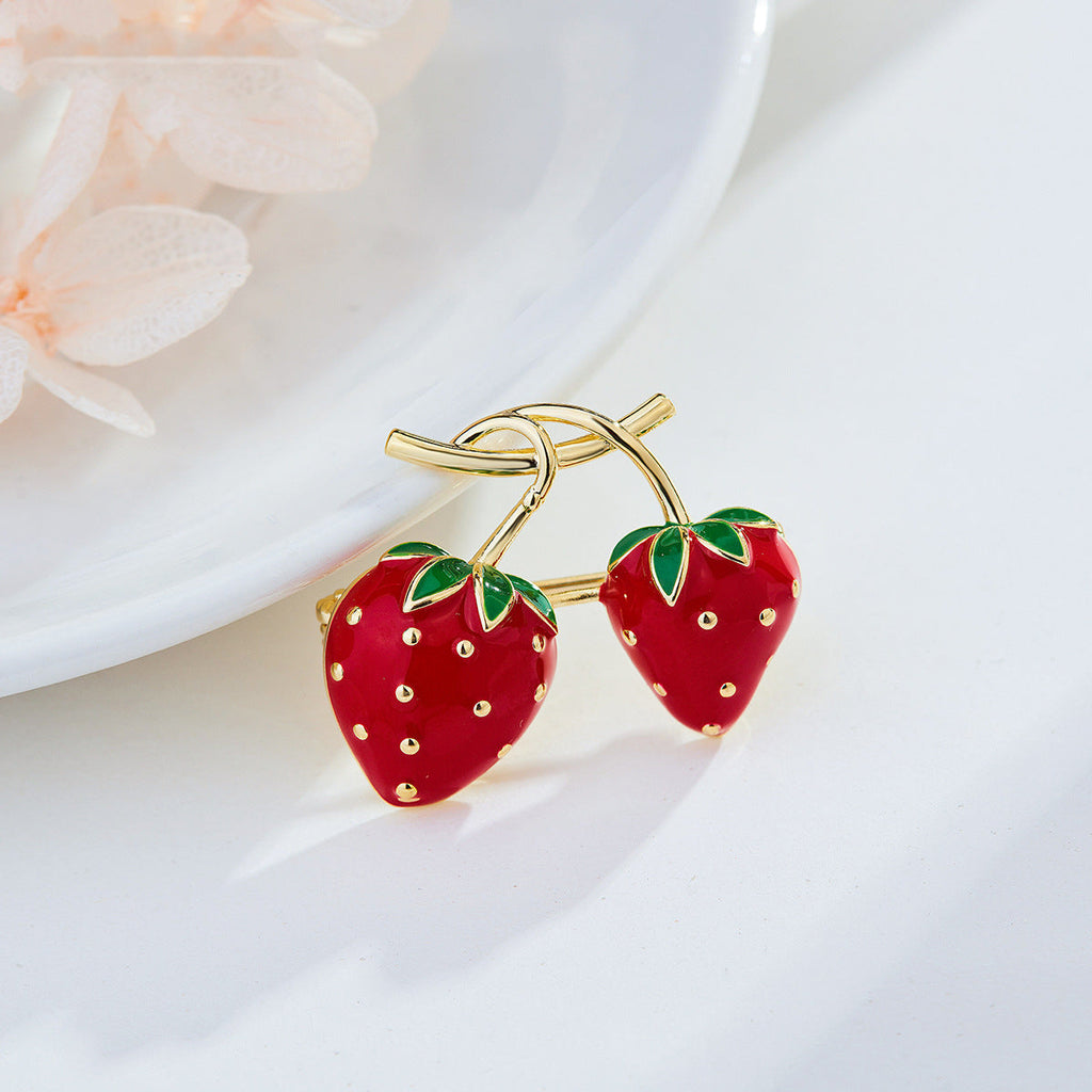Double Strawberry Alloy Rhinestone Brooch PA5826