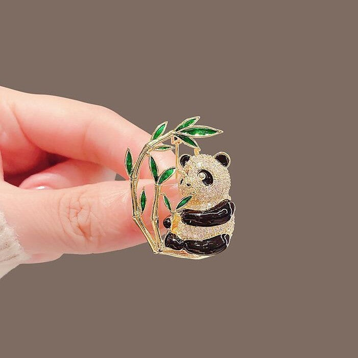 Pandas Eat Bamboo Alloy Rhinestone Brooch PA5840