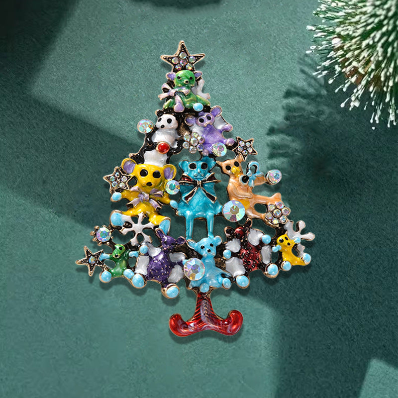 Christmas Bears Tree Alloy Rhinestone Brooch PA5906