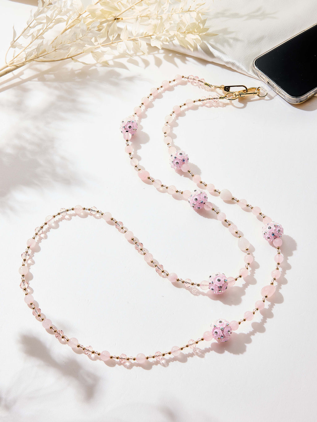 Rose Quartz Floral Bead Crossbody Lanyard PC5651