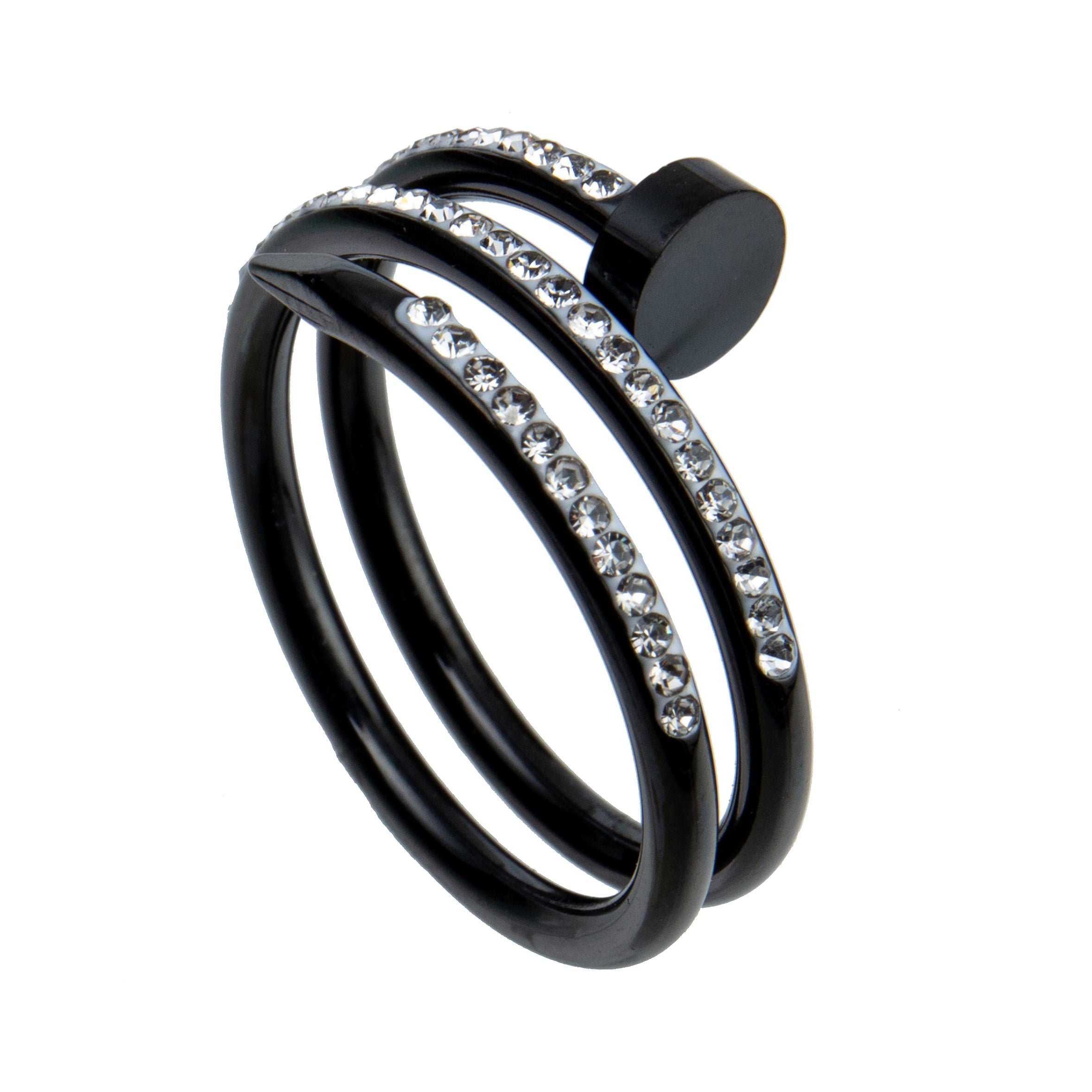 Nail Three Laps Rhinestone Stainless Steel Rings R2142-Black