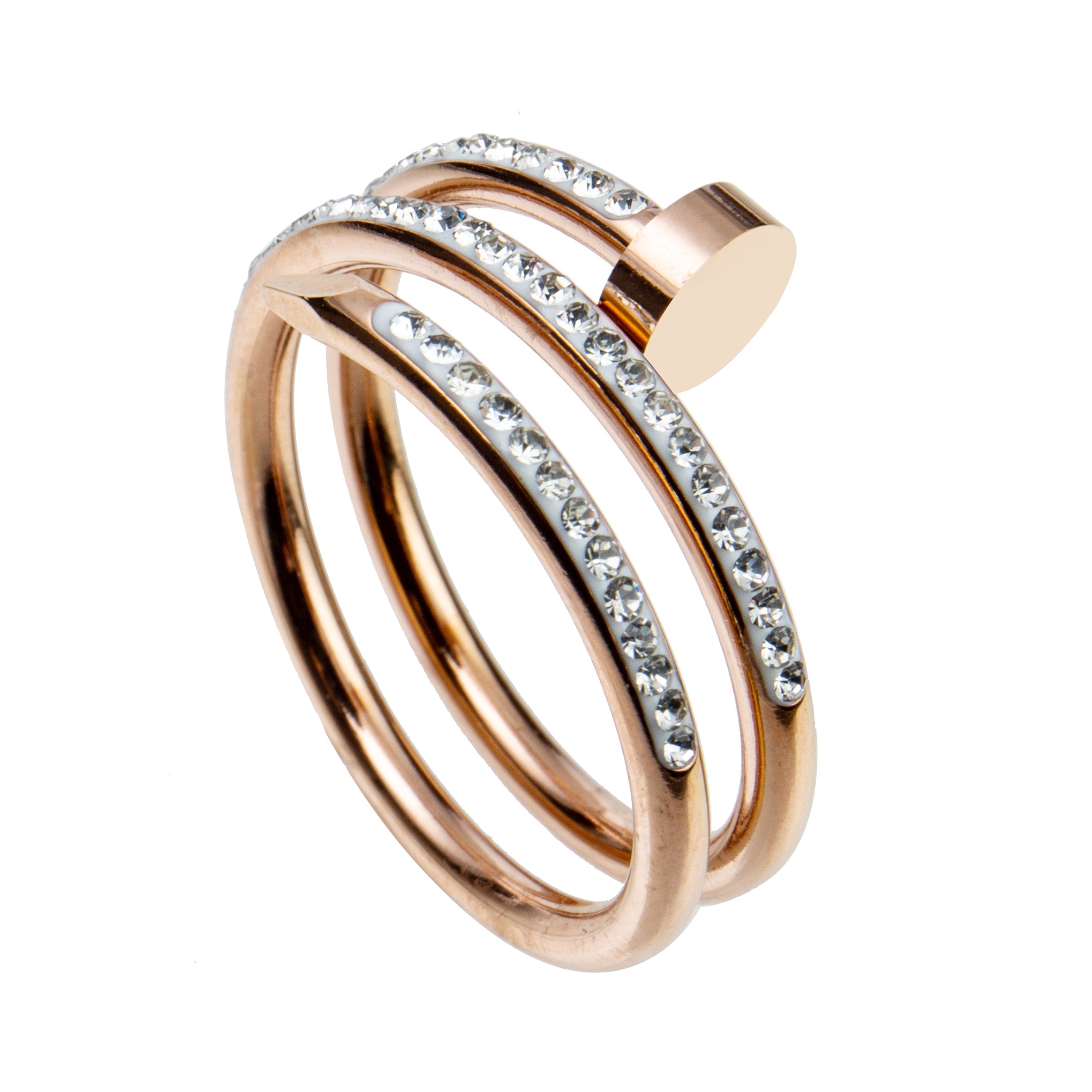 Nail Three Laps Rhinestone Stainless Steel Rings R2142-RG