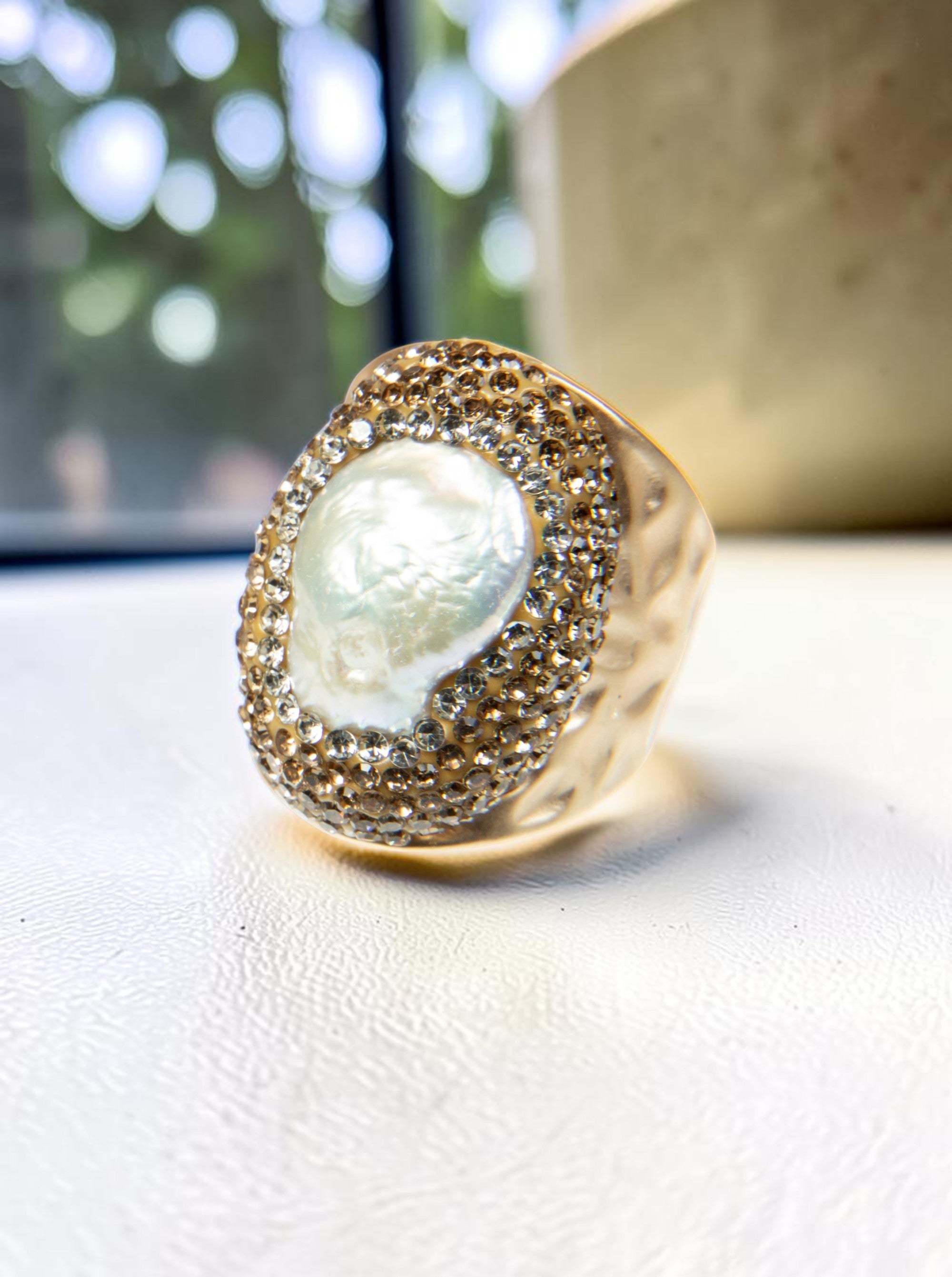 Irregular Fresh Water Pearl Pavé Cocktail Ring R2530