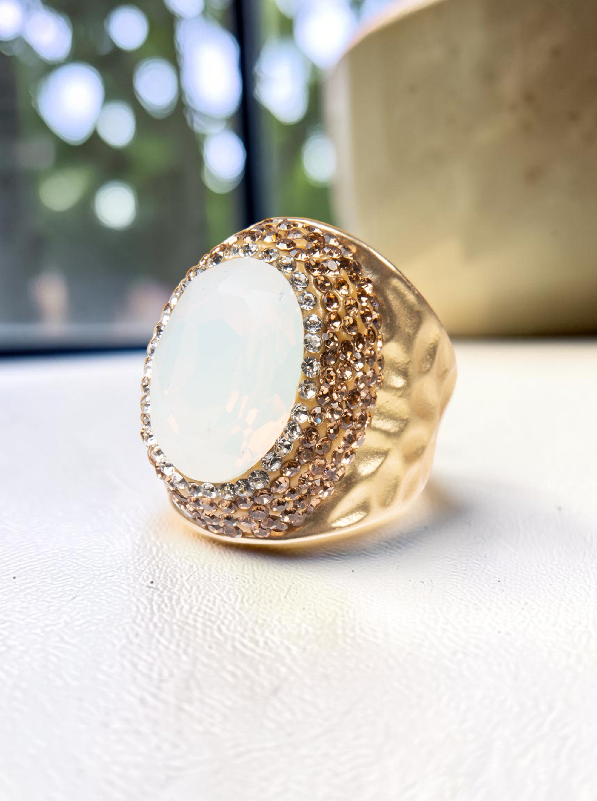 Round Crystal  Pavé Cocktail Ring R2531 - White Opal