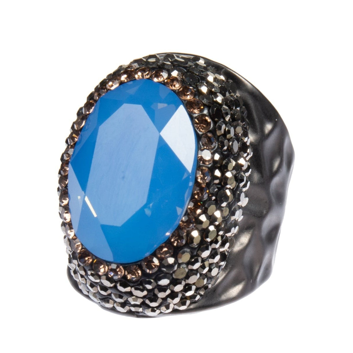 Round Crystal Pavé Cocktail Ring R2531 - Blue Opal