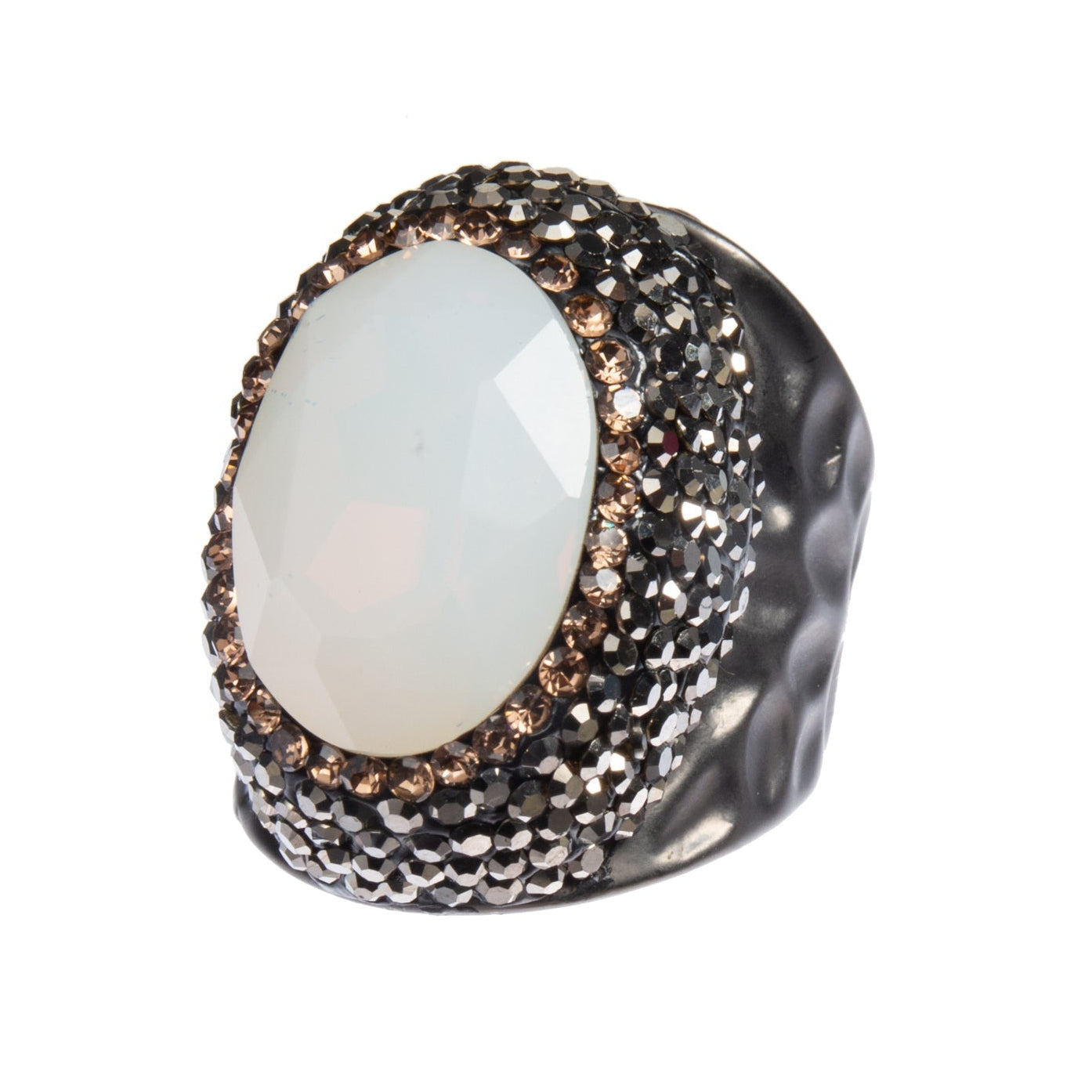 Round Crystal  Pavé Cocktail Ring R2531 - White Opal