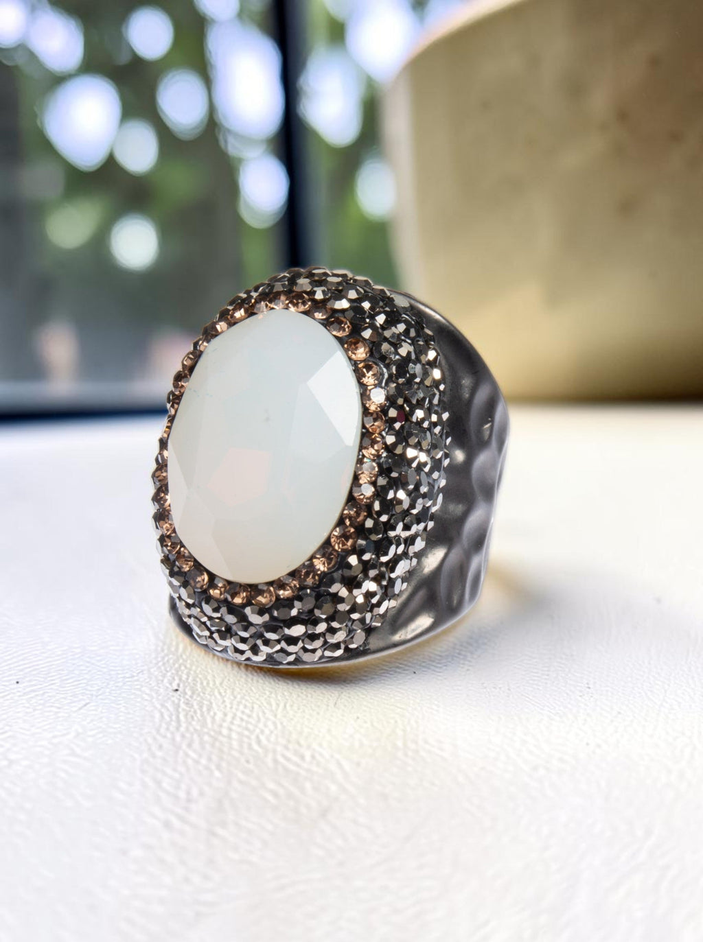 Round Crystal Pavé Cocktail Ring R2531 - White Opal