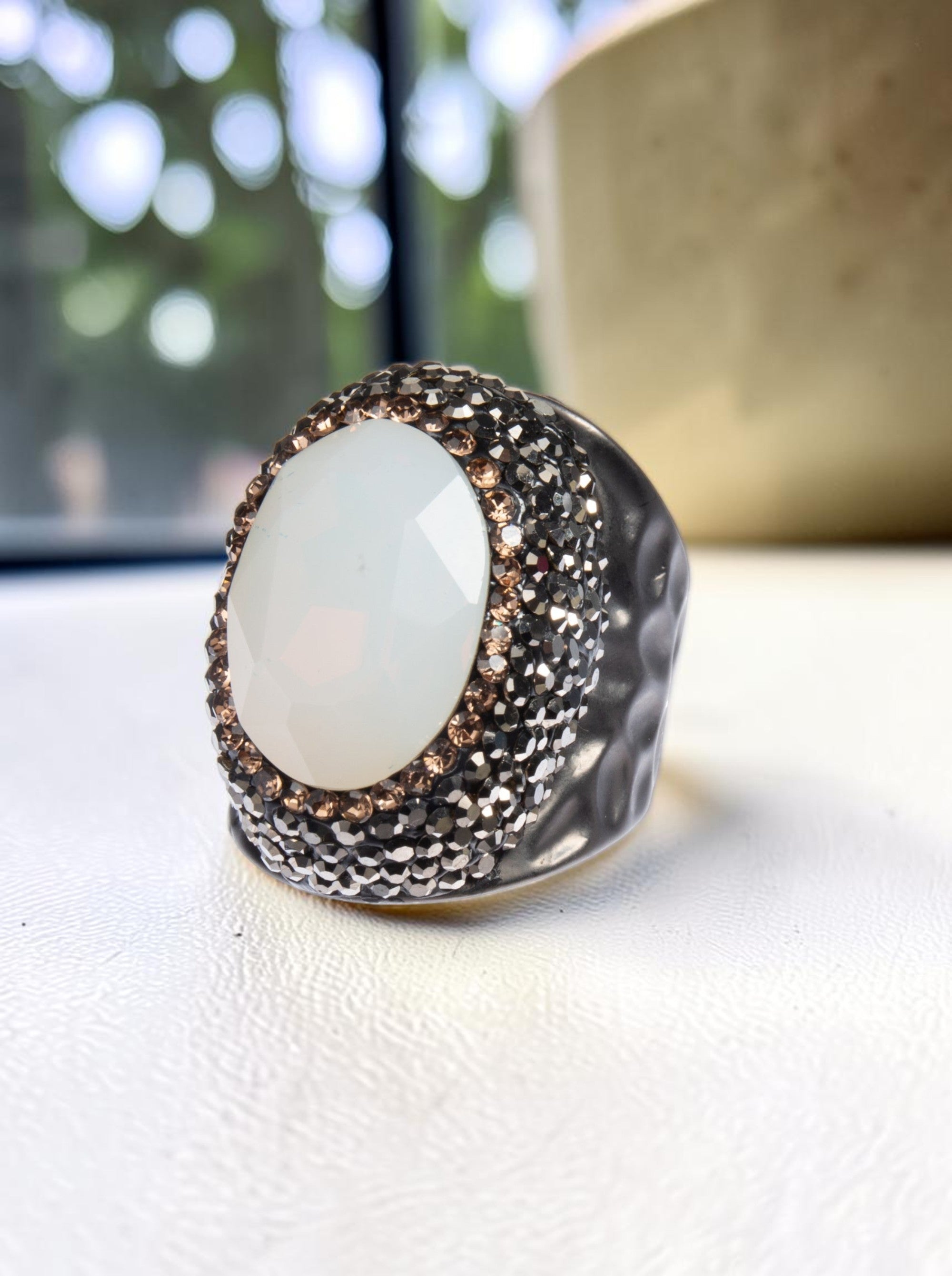 Round Crystal  Pavé Cocktail Ring R2531 - White Opal