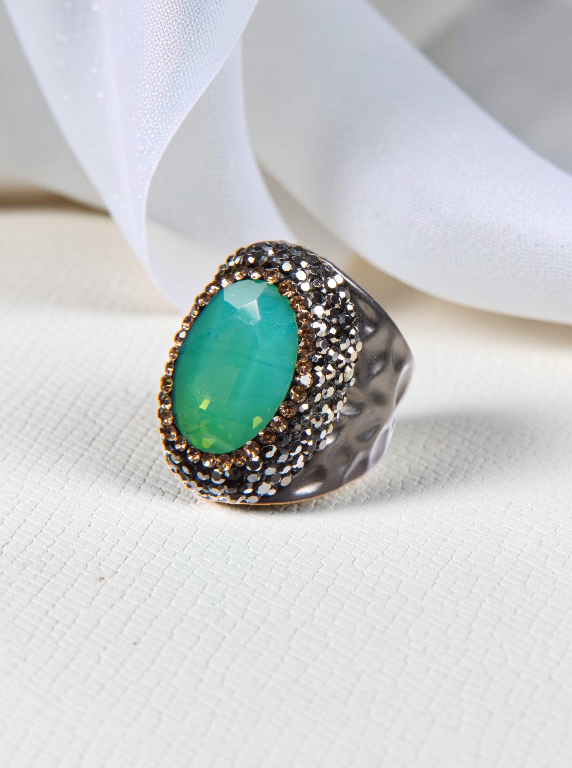 Round Crystal Pavé Cocktail Ring R2531 - Green Opal