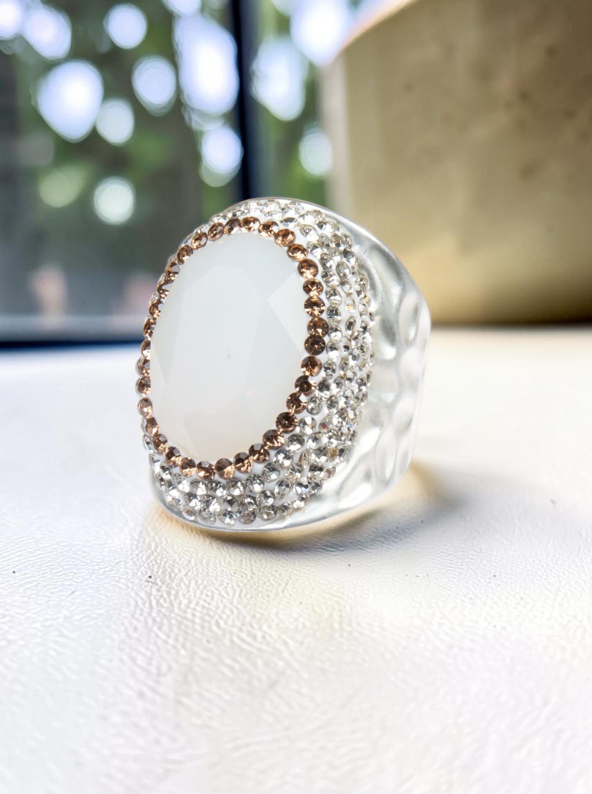 Round Crystal  Pavé Cocktail Ring R2531 - White Opal