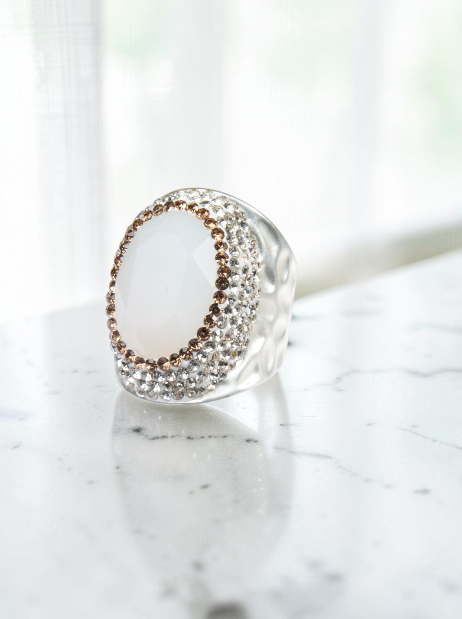 Round Crystal  Pavé Cocktail Ring R2531 - White Opal