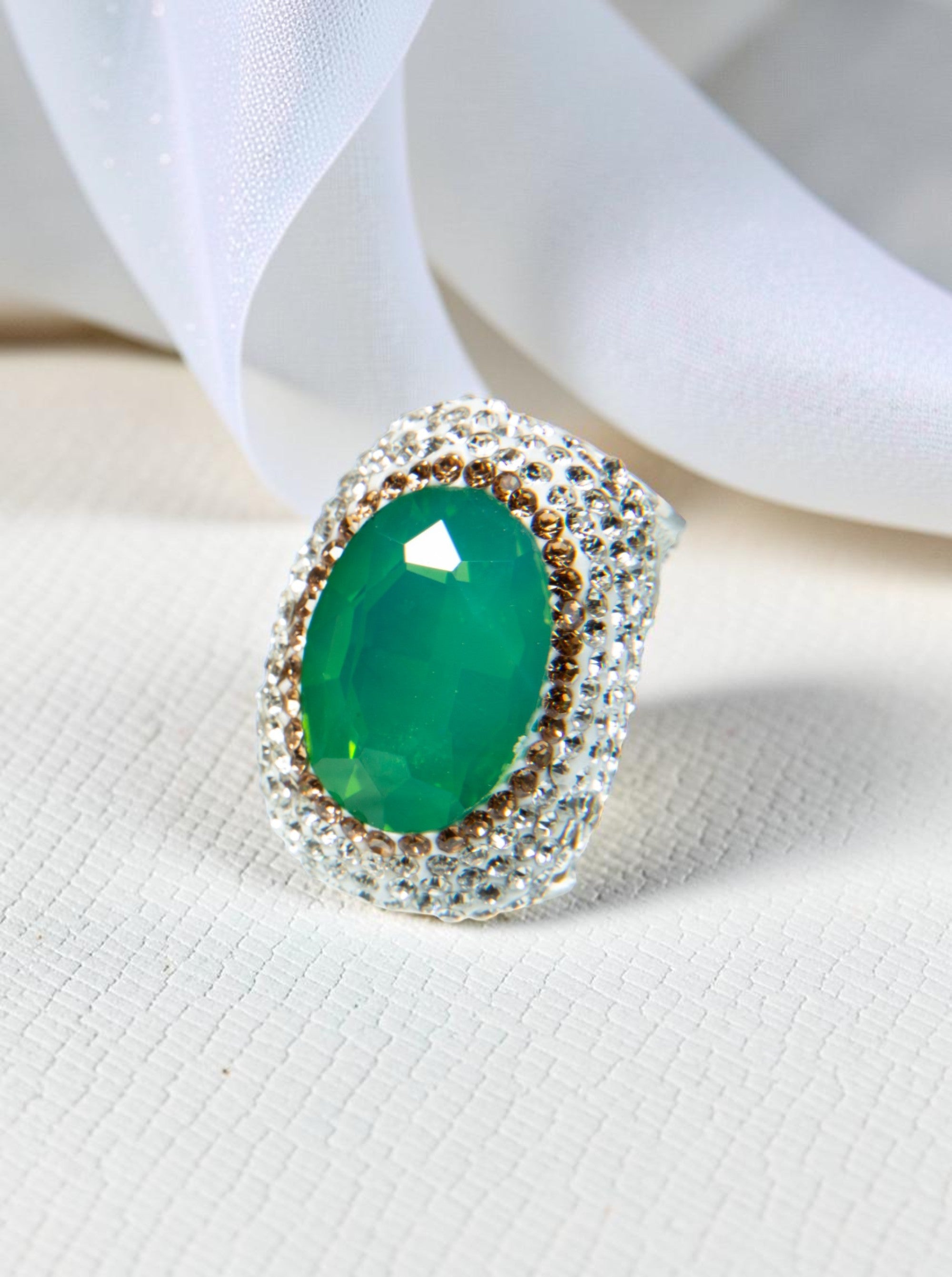 Round Crystal Pavé Cocktail Ring R2531 - Green Opal