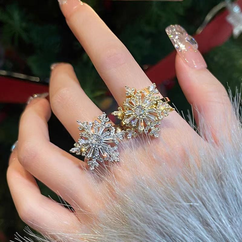 Rotating Double-layer Snowflakes Cubic Zirconia Flower Ring R2673