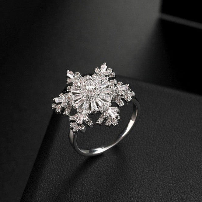 Rotating Double-layer Snowflakes Cubic Zirconia Flower Ring R2673
