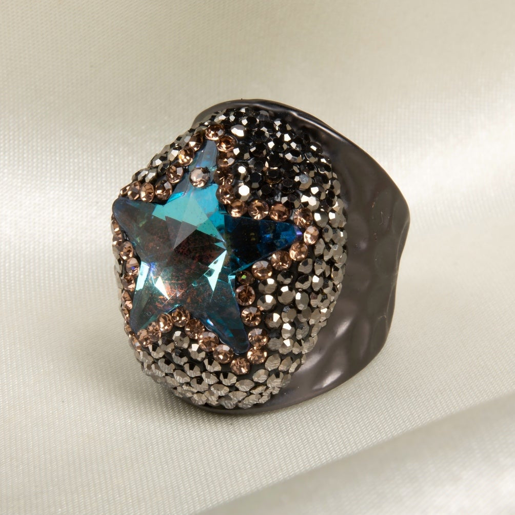 Glass Rhinestone Alloy Rings R2737-Black