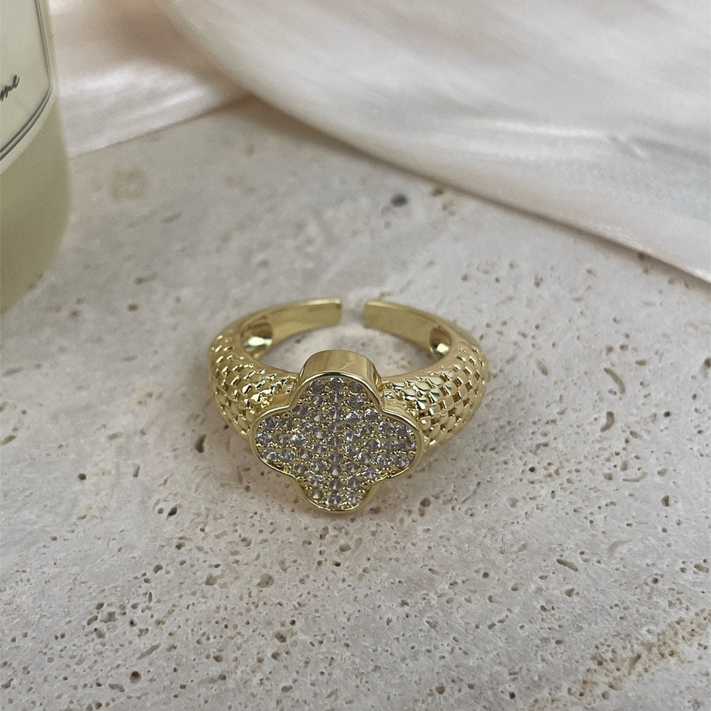 18K Gold Plated Four-Leaf Clover Cubic Zirconia Copper Ring R2747