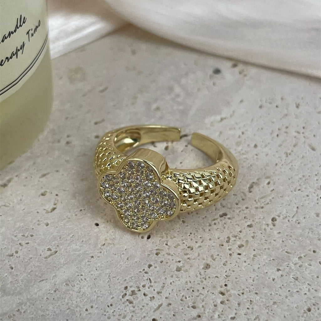 18K Gold Plated Four-Leaf Clover Cubic Zirconia Copper Ring R2747
