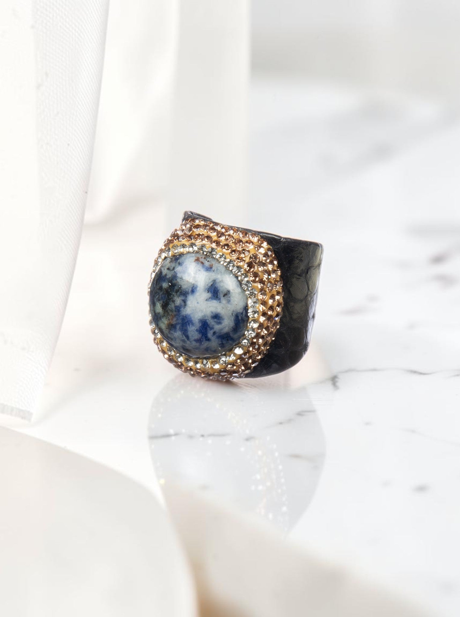 Blue Spot Jasper Leather Pavé Cocktail Ring R2835