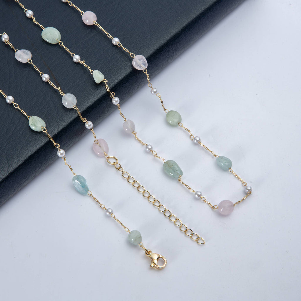 Natural Stone Pearl Chain Necklace N4377-78CM-Morganite